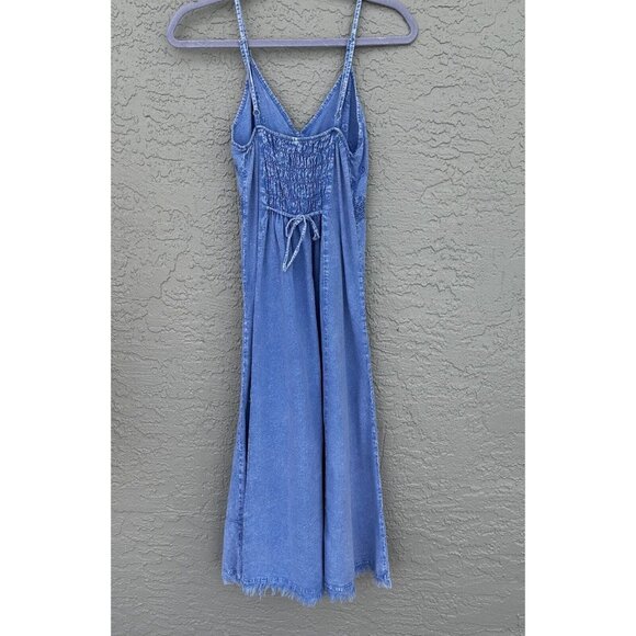 VTG Giocam Blue Embroidered Floral Midi Dress Frayed Hem Ruching V Neck Med - Picture 4 of 9